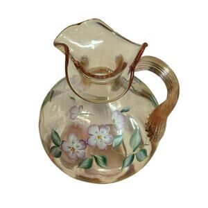 Vintage Fenton Hand-Painted Floral Brown Glass Tall Pitcher 6”